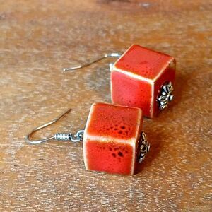 Red Ceramic Glass Beaded Dangle Earrings, Boho, Artisan, 1"